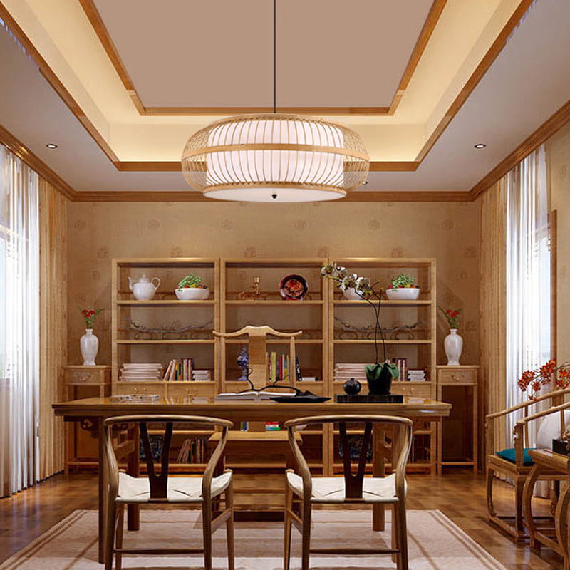 Beige Drum Pendant Lighting Asian Style 1 Light Bamboo Hanging Ceiling Light for Dining Room, 18"/21.5" Diameter
