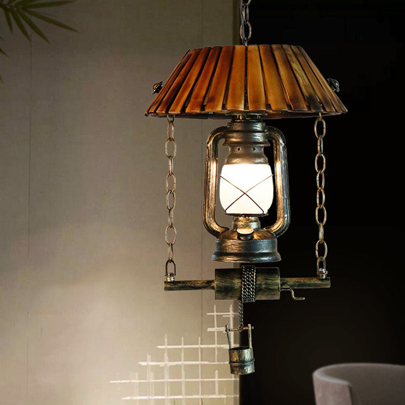 Lantern Pendant Ceiling Light Vintage Wood and Iron Single Bulb Brown Hanging Light for Indoor