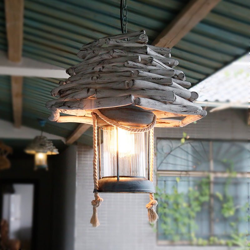 Linterna colgante colgante luz de madera vintage de 1 linda lámpara de techo blanco para vestíbulo