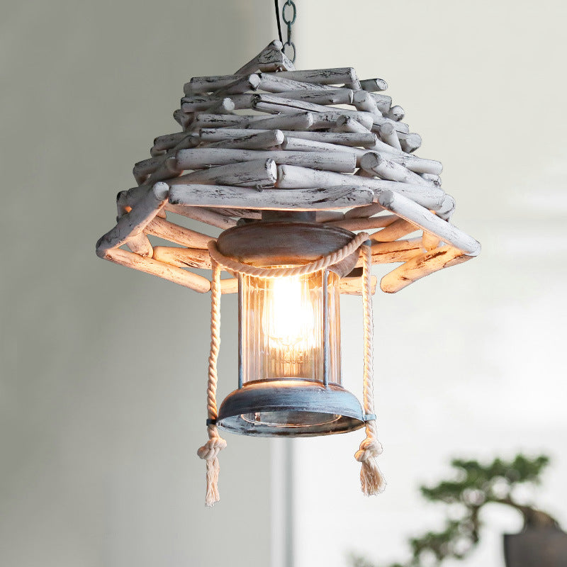 Linterna colgante colgante luz de madera vintage de 1 linda lámpara de techo blanco para vestíbulo