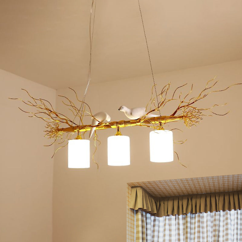 Cylinder Ceiling Island Pendant Modern 3-Head White Glass Hanging Light Fixture with Gold/Silver Branch