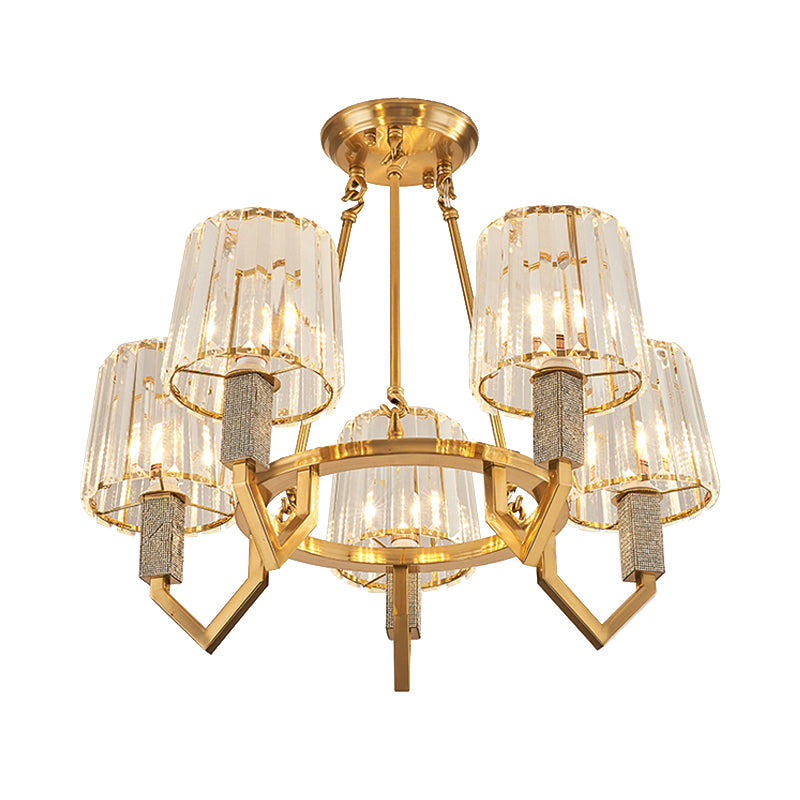 6 Heads Crooked Arm Semi Flush Modern Gold Clear Crystal Tapered Shade Ceiling Light