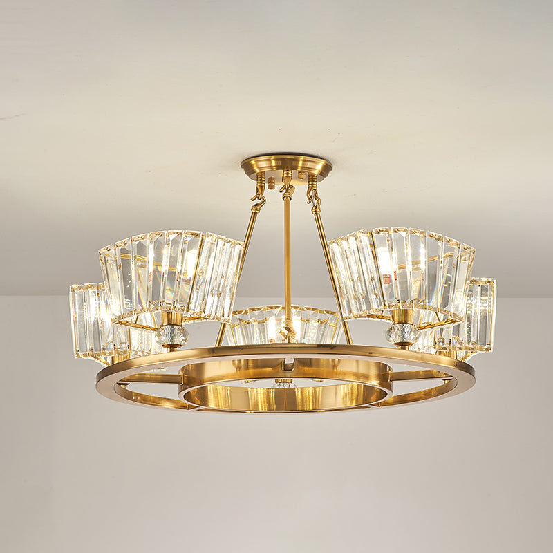 5 Bulbs Ceiling Fixture with Ring Design Contemporary Cubic Clear Glass Shade Semi Flush in Gold