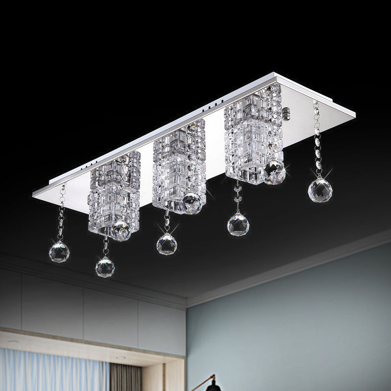 Clear Crystal Shade Nikkel Flushmount Cube 3 Heads Moderne Plafondlamp met Orbs Draping in Wit/Warm Licht