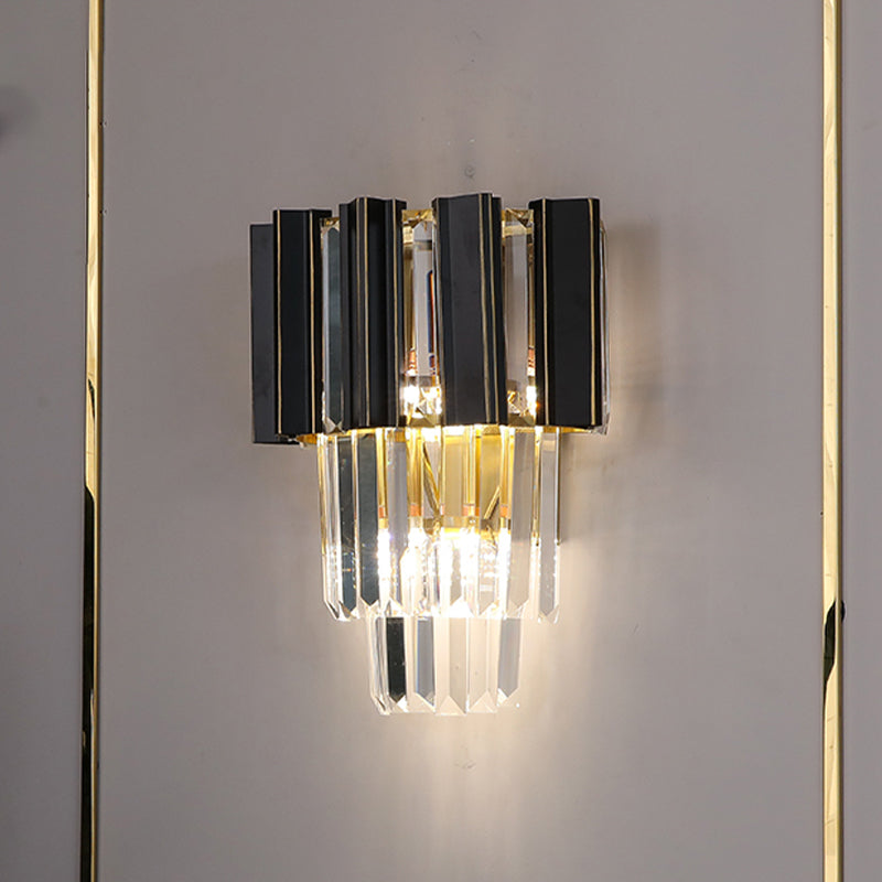 3 Bulbs Clear Crystal Prisms Sconce Light Contemporary Black Boxes Tapered Bedroom Wall Lamp