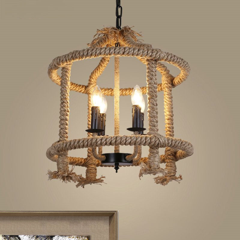 Roped Cage Shade Pendant Lamp Lodge Stylish 4 Lights Restaurant Hanging Light Fixture in Brown