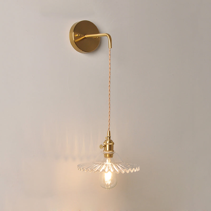 Scalloped Clear/Opal Glass Wall Mounted Lamp Industrial Single Bulb Bedroom Sconce Light in Brass