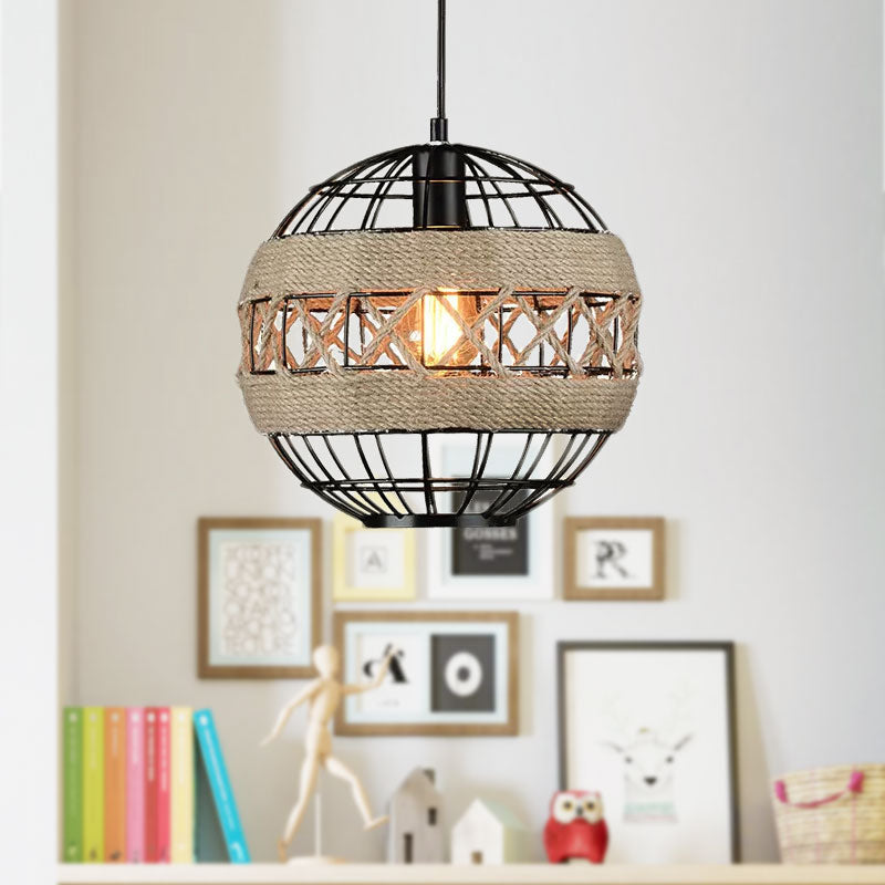 Sphere Pendant Lighting with Metal Frame and Rope Rustic 1 Light Hanging Ceiling Light in Black