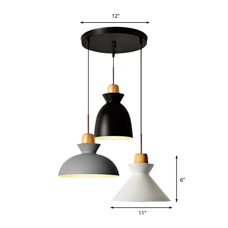 3 Bulbs Pendant Lighting with Shade Metal and Wood Nordic Style Indoor Ceiling Light Fixture in Black
