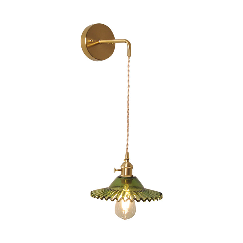 Green Glass Scalloped Wall Sconce Industrial 1 Light Living Room Lighting Fixture in Brass