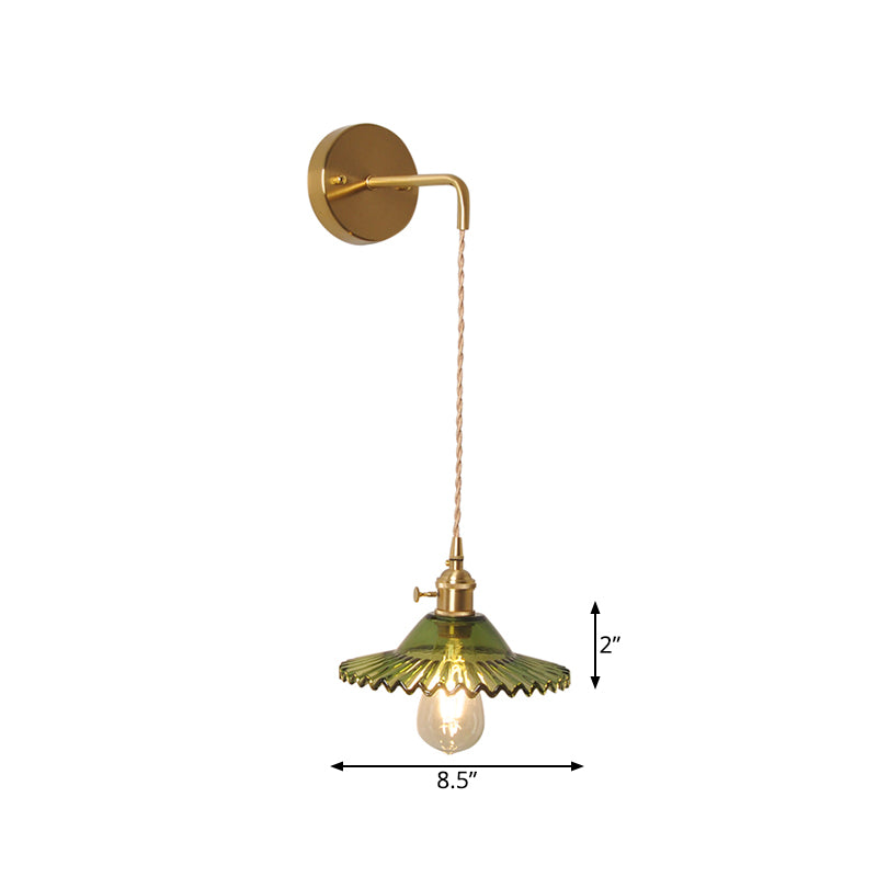 Green Glass Scalloped Wall Sconce Industrial 1 Light Living Room Lighting Fixture in Brass
