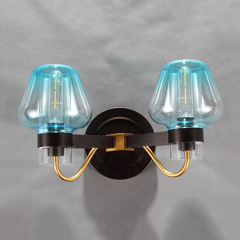 Mushroom Blue Glass Wall Mounted Lamp Modern 2 Bulbs Bedroom Sconce Light in Black
