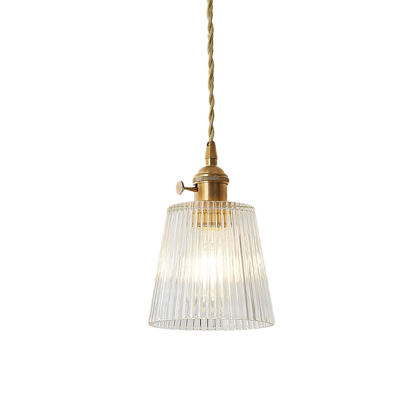 Contemporary Cone Hanging Ceiling Light 1 Light Ribbed Glass Pendant Lighting in Brass