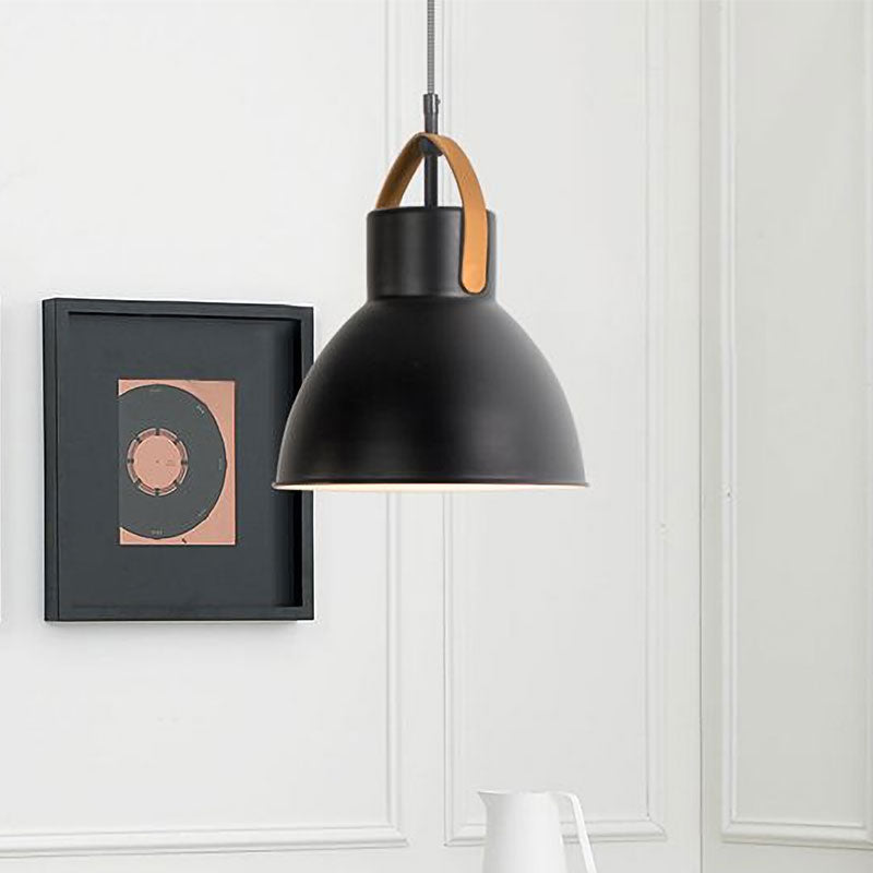1 Head Hanging Light Industrial Domed Metallic Pendant Lamp with Glass Diffuser and Leather Strap in Black