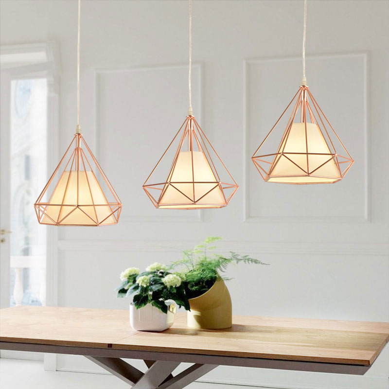 Rose Gold Diamond Cage Ceiling Light Macaron Style Metal and Fabric 1 Light Coffee Shop Pendant Lighting