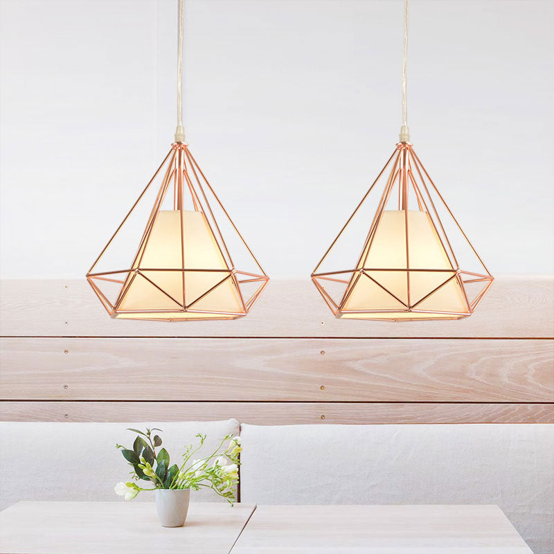 Rose Gold Diamond Cage Ceiling Light Macaron Style Metal and Fabric 1 Light Coffee Shop Pendant Lighting