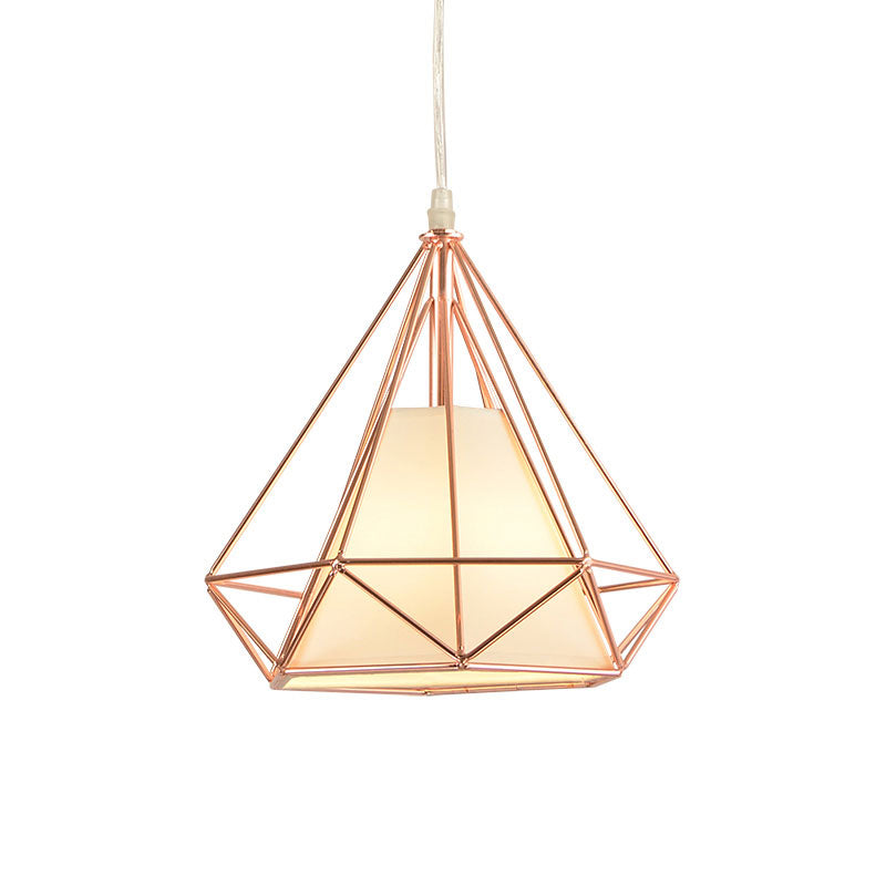 Rose Gold Diamond Cage Ceiling Light Macaron Style Metal and Fabric 1 Light Coffee Shop Pendant Lighting