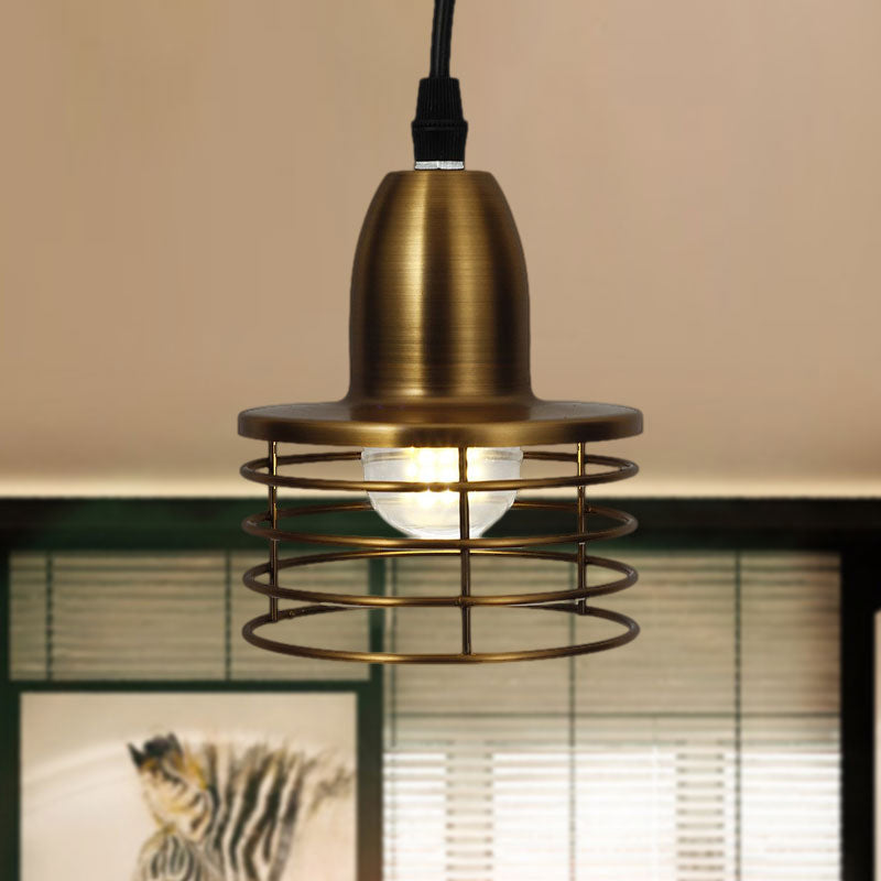 1 iluminación de colgante de tambor ligero con tono de jaula de alambre industrial retro negro/colgante de techo de metal de bronce para cocina