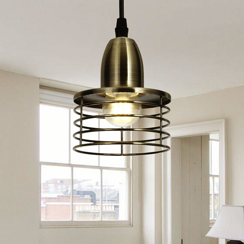 1 iluminación de colgante de tambor ligero con tono de jaula de alambre industrial retro negro/colgante de techo de metal de bronce para cocina