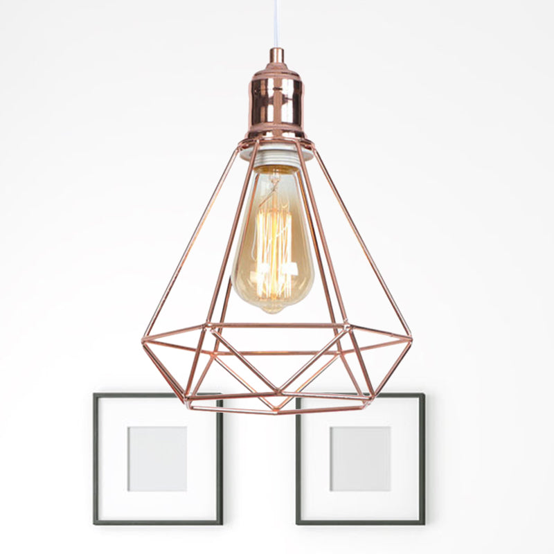 Caged Metal Pendant Light with Diamond Shape Industrial 1 Head Coffee Shop Ceiling Light Fixture in Rose Gold