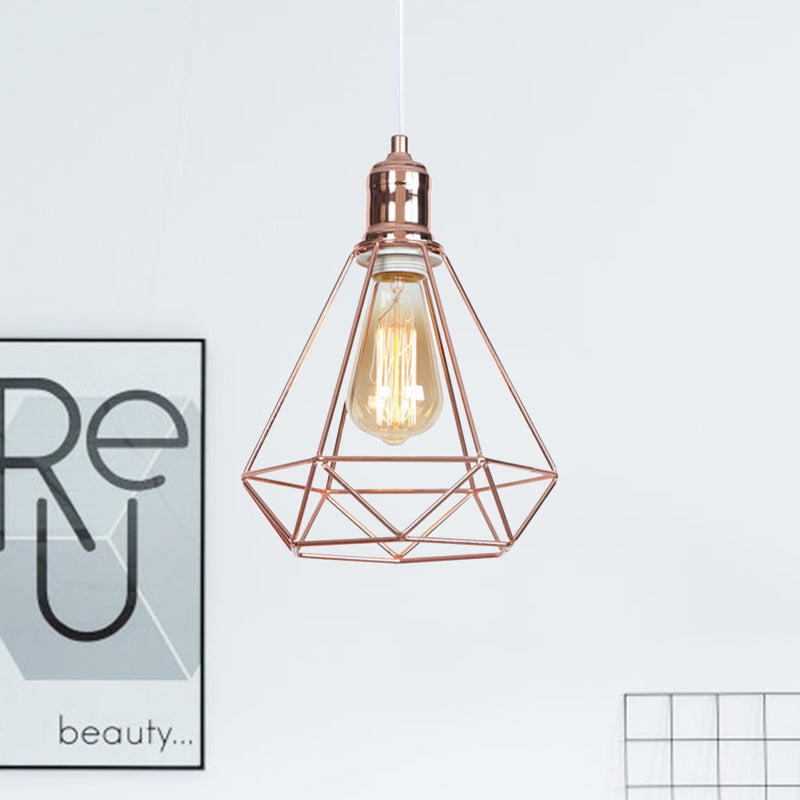 Caged Metal Pendant Light with Diamond Shape Industrial 1 Head Coffee Shop Ceiling Light Fixture in Rose Gold