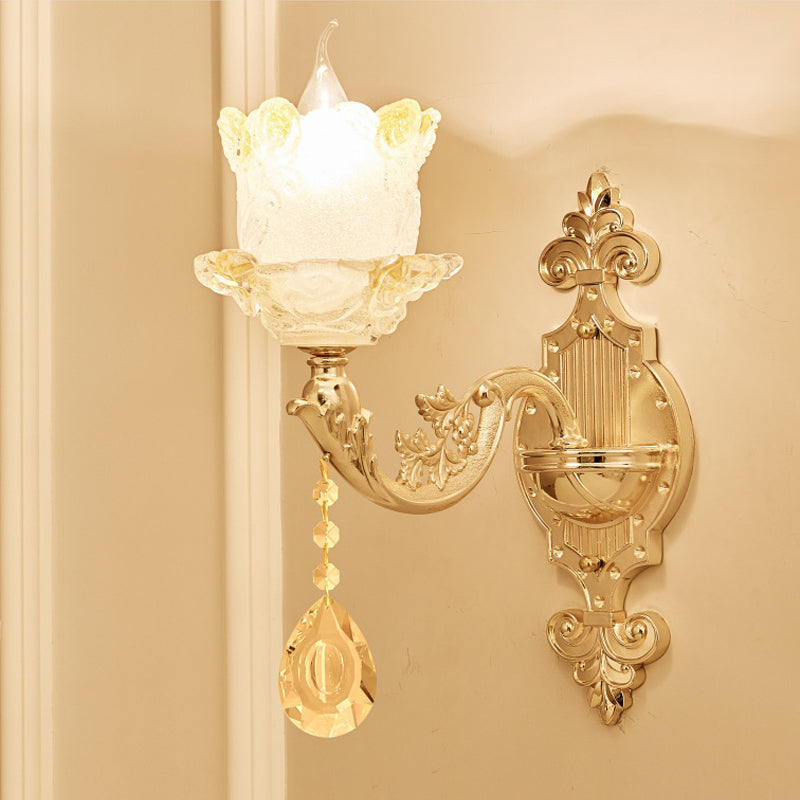 Traditional Scrolled Arm Sconce 1/2-Bulb Glass Blossom Shade Wall Mount Light in Brass with Crystal Accents
