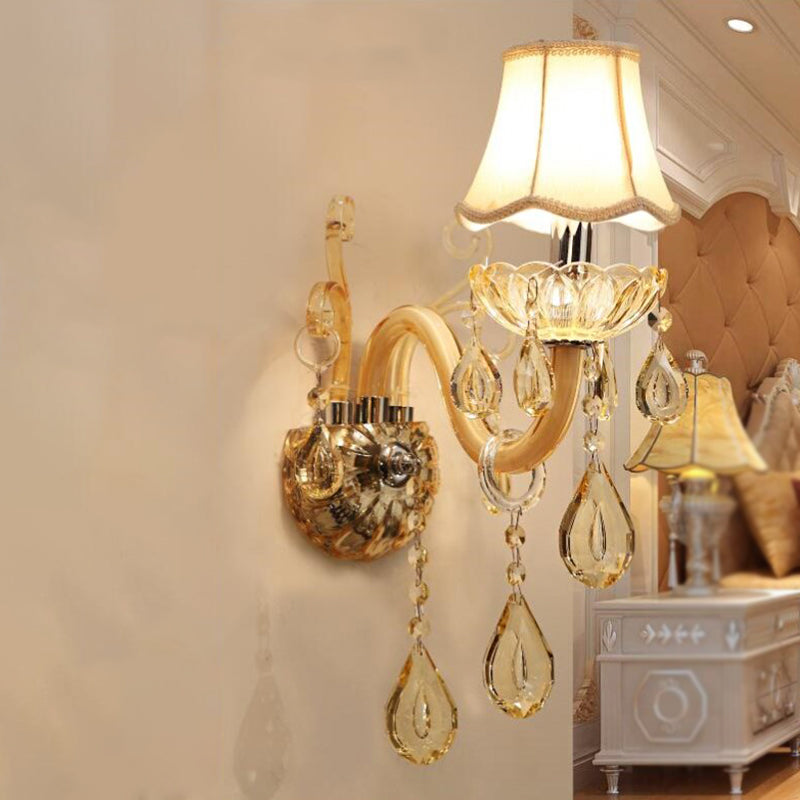 1/2-Head Swirled Arm Wall Lighting Traditional Champagne Crystal Drops Sconce with Flared Fabric Shade