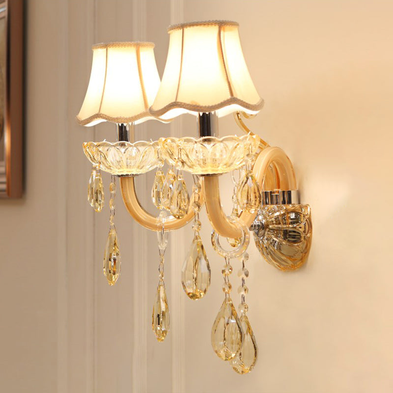 1/2-Head Swirled Arm Wall Lighting Traditional Champagne Crystal Drops Sconce with Flared Fabric Shade