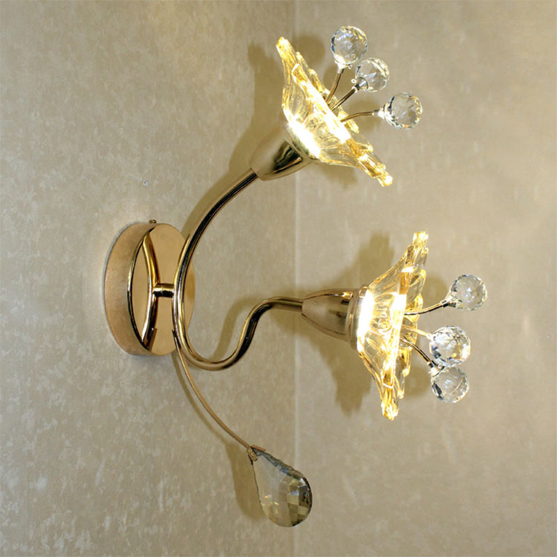 Clear Crystal Glass Gold Wall Lamp Daisy Shade 2 Bulbs Traditional Sconce Light for Bedside