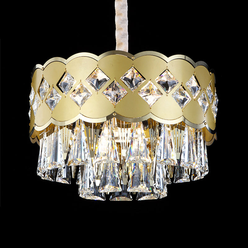 Gold Finish Drum Kroonluchter Modern Clear Crystal Drops 9 Heads Great Room Pendant Lighting, 19,5 "/23.5" Breedte
