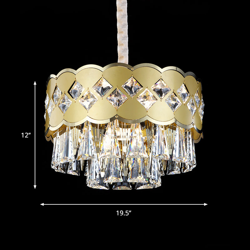 Gold Finish Drum Kroonluchter Modern Clear Crystal Drops 9 Heads Great Room Pendant Lighting, 19,5 "/23.5" Breedte