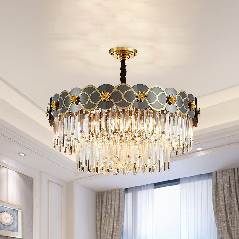 6 ampoules Priss en verre transparent pendentif traditionnel fin finition gris conique lustre plafond de salon avec décoration de fleurs dorées
