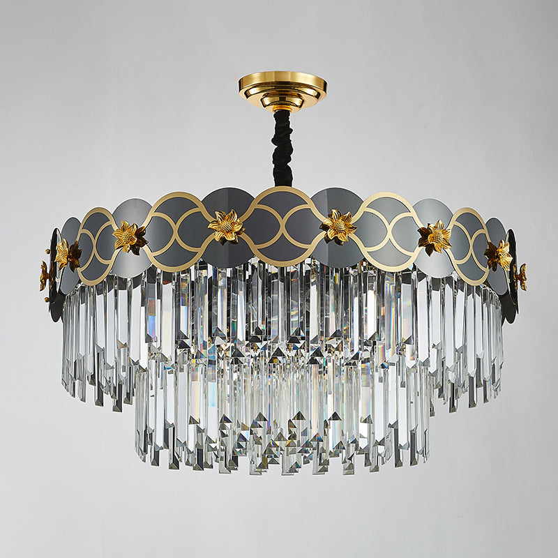 6 ampoules Priss en verre transparent pendentif traditionnel fin finition gris conique lustre plafond de salon avec décoration de fleurs dorées