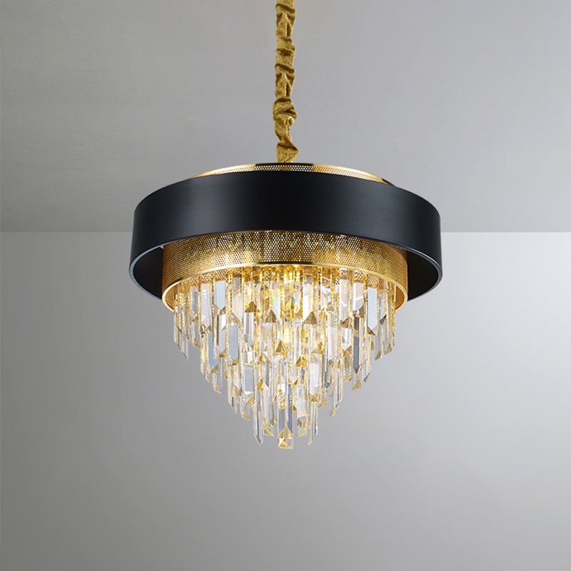 5 hoofden taps toelopend plafond kroonluchter traditionele zwart/witte afwerking heldere kristalprisma's hanger met goud gaas