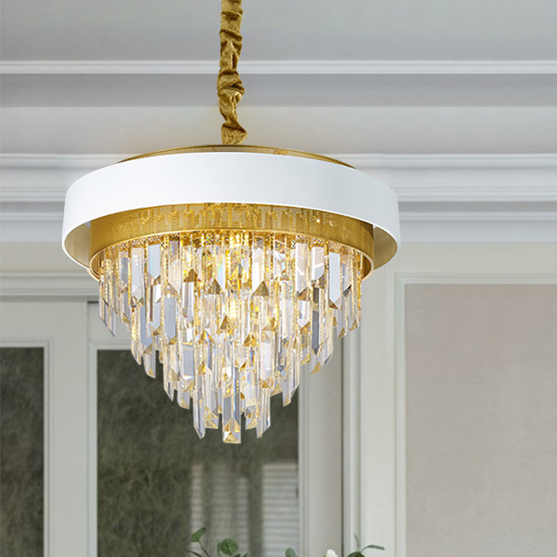 5 Heads Taper Ceiling Chandelier Traditional Black/White Finish Clear Crystal Prisms Pendant with Gold Mesh