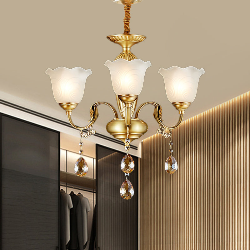3/5 Bulbes Scrolls Lampe suspendue traditionnelle Gol Crystal Floral Shade Chandelier avec gouttes en verre transparent