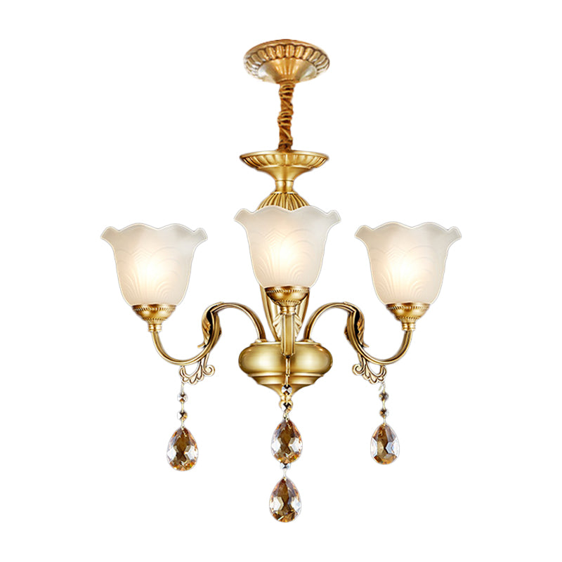 3/5 Bulbes Scrolls Lampe suspendue traditionnelle Gol Crystal Floral Shade Chandelier avec gouttes en verre transparent