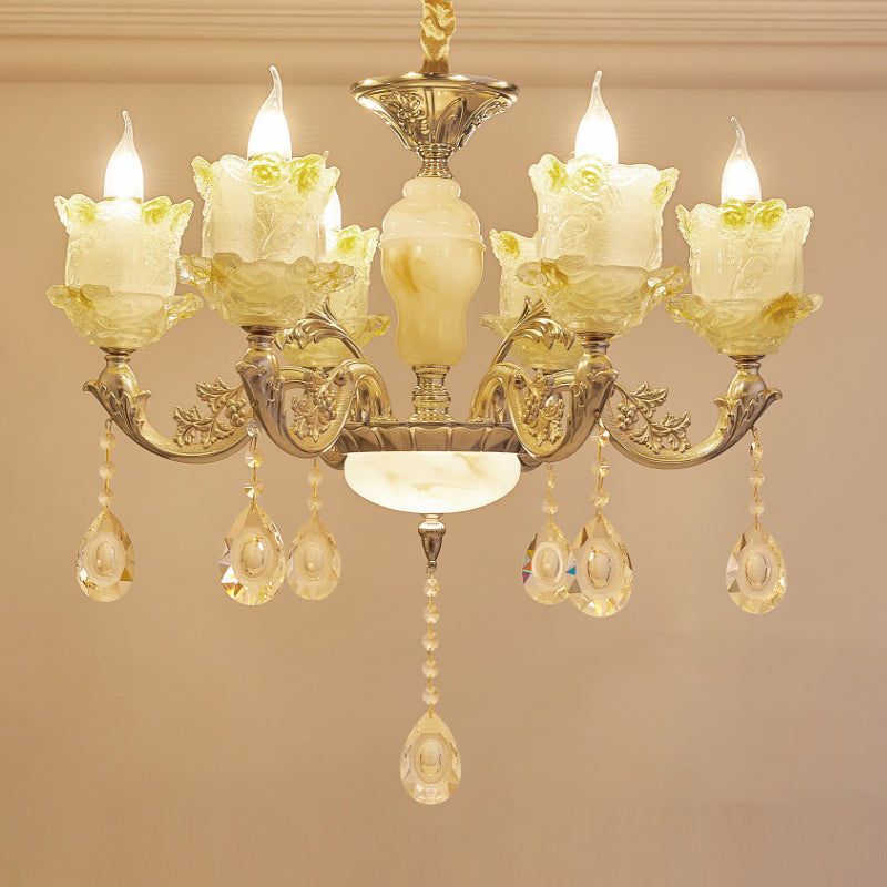 6 têtes Swirling Bras Chandelier Light Traditional Brass Crystal Bell Shade Pendant avec gouttes en verre transparent