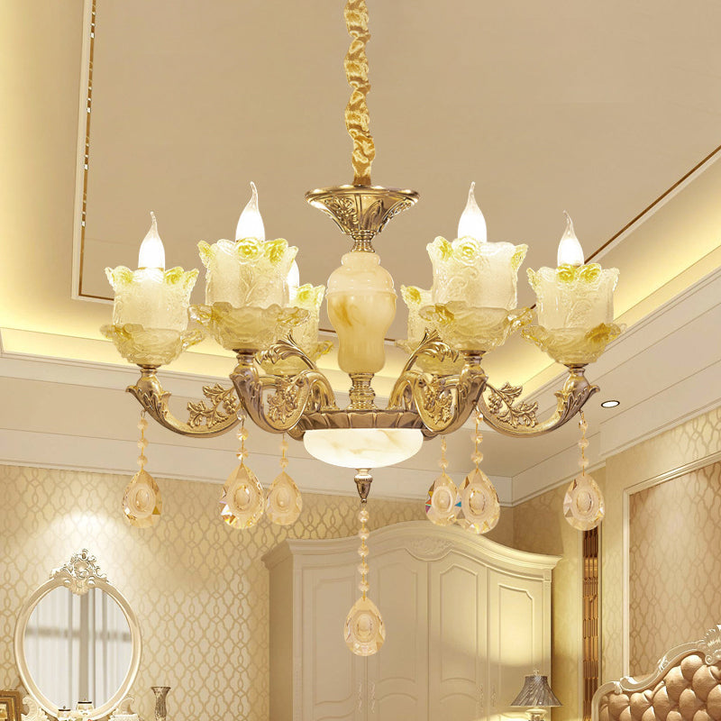 6 têtes Swirling Bras Chandelier Light Traditional Brass Crystal Bell Shade Pendant avec gouttes en verre transparent