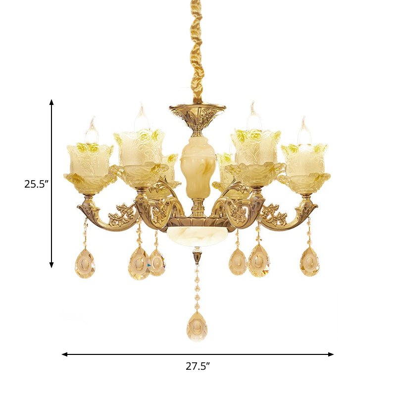6 têtes Swirling Bras Chandelier Light Traditional Brass Crystal Bell Shade Pendant avec gouttes en verre transparent
