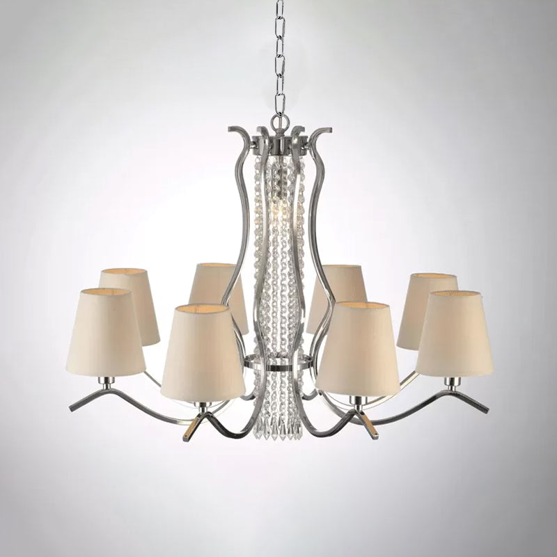 Crystal Stands Scrolls Prendant Lighting Traditional 9 Heads Parlour Chandelier avec une nuance de tissu conique blanc