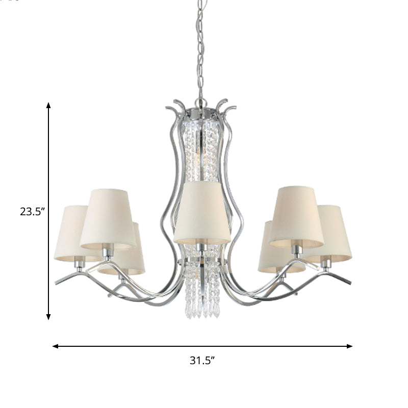 Clear Crystal Stands scrollen Hangluchting Traditionele 9 hoofden Palon Kroonluchter met witte taps toelopende stofschaduw