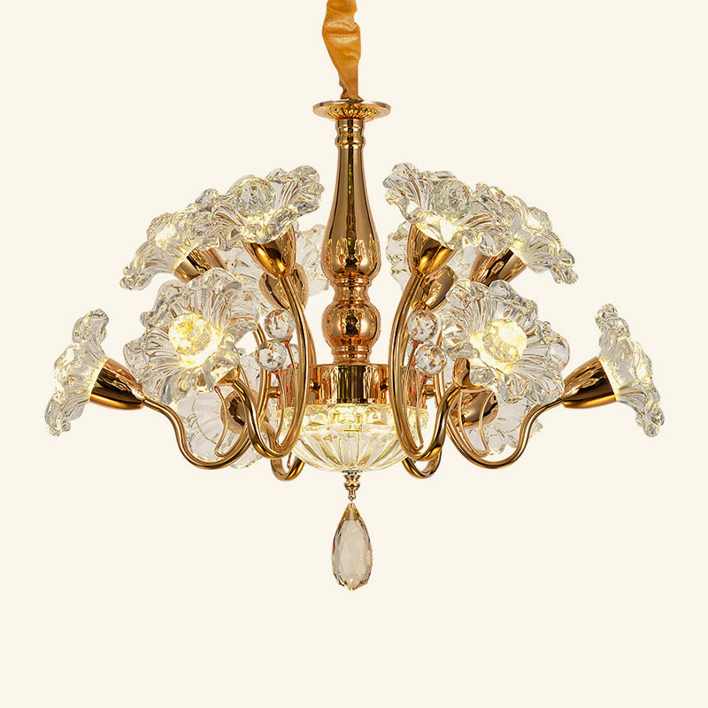 12 ampoules tourbillonnant le lustre traditionnel Gol d'or traditionnel clair à 2 niveaux de fleur de fleur de fleur de plafond