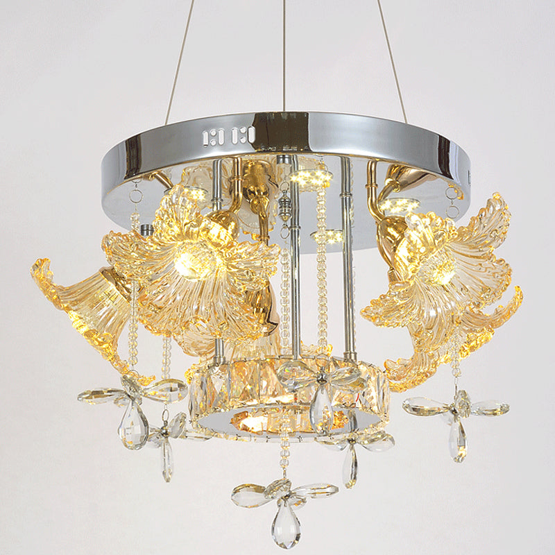 LED Hangende verlichting Moderne bloem Amber Crystal Shade Kroonluchter Lamp voor eetkamer