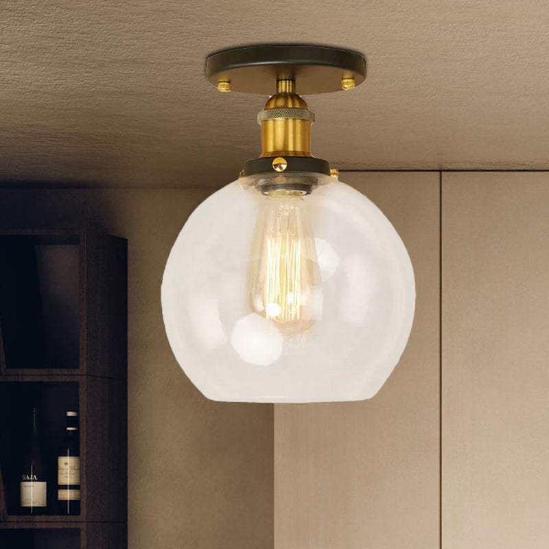 Spherical Balcony Semi Flush Industrial Clear Glass One Light Black/Brass/Copper Ceiling Light Fixture