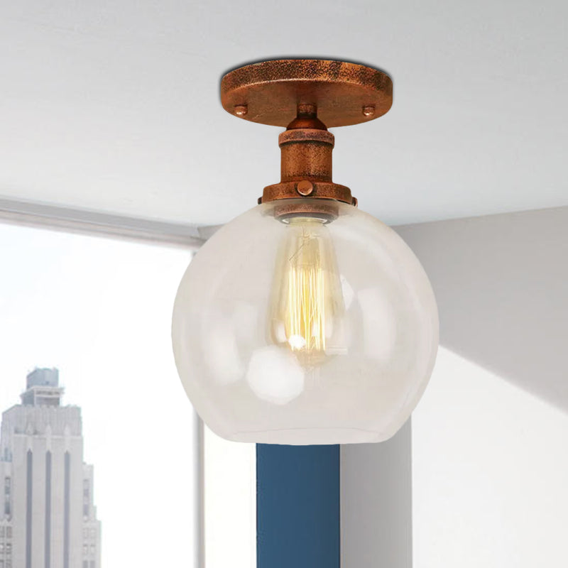 Spherical Balcony Semi Flush Industrial Clear Glass One Light Black/Brass/Copper Ceiling Light Fixture