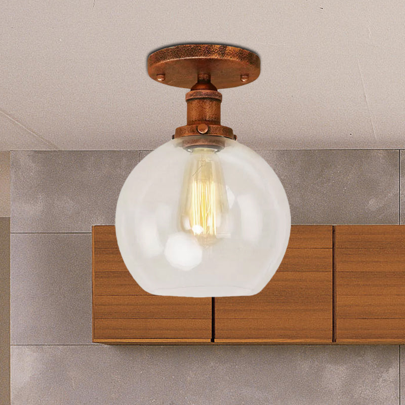 Spherical Balcony Semi Flush Industrial Clear Glass One Light Black/Brass/Copper Ceiling Light Fixture