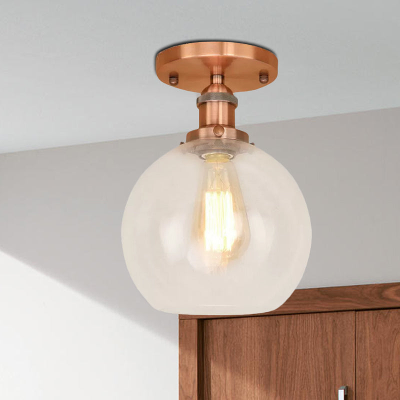 Spherical Balcony Semi Flush Industrial Clear Glass One Light Black/Brass/Copper Ceiling Light Fixture