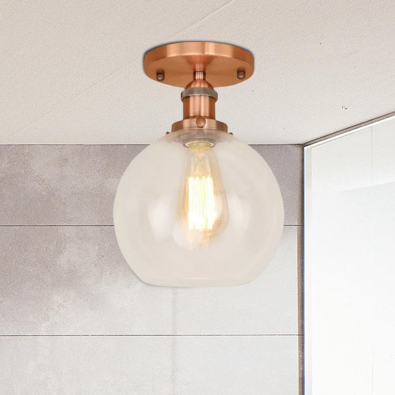 Spherical Balcony Semi Flush Industrial Clear Glass One Light Black/Brass/Copper Ceiling Light Fixture
