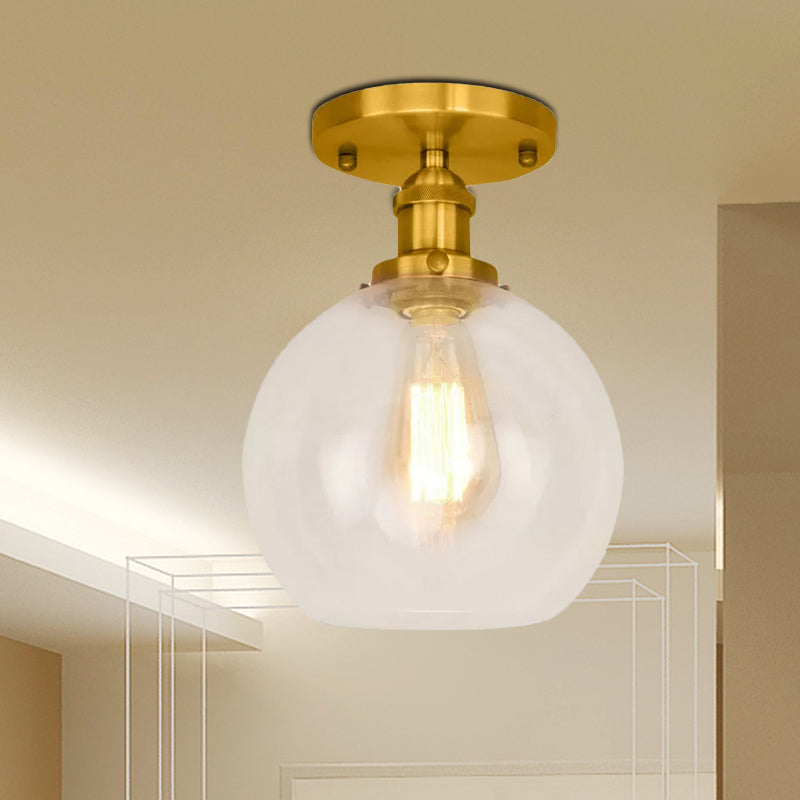 Spherical Balcony Semi Flush Industrial Clear Glass One Light Black/Brass/Copper Ceiling Light Fixture